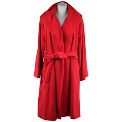 CELINE Vintage Red Wool COAT w/ Self-Tie Belt SIZE 42