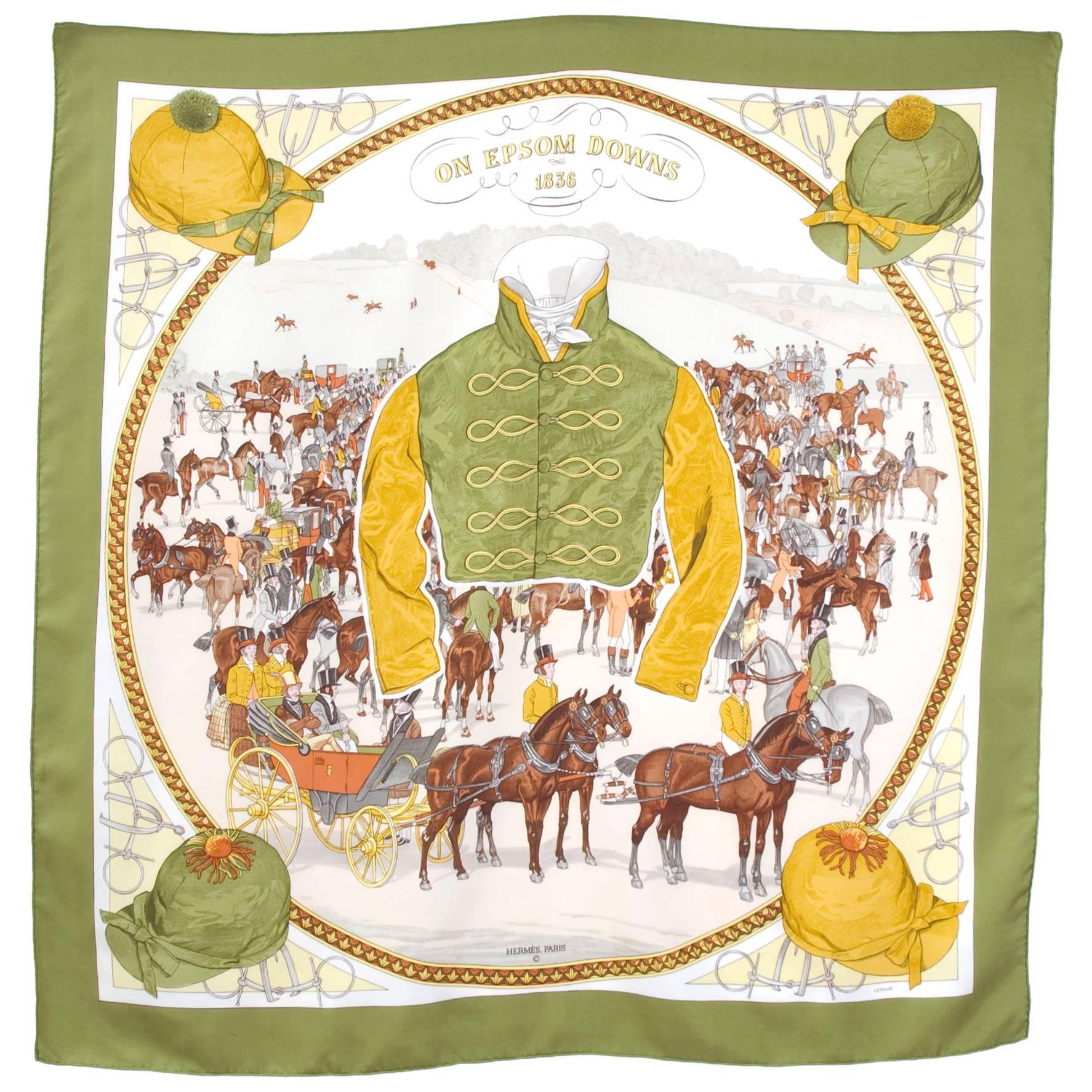 RARE Vintage Hermes scarf "On Epsom Downs" 1970 by Philip Ledoux  For Sale