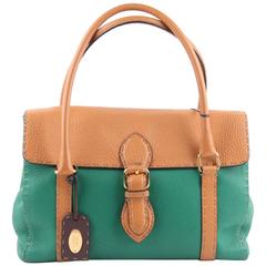 FENDI SELLERIA Green & Tan Leather LINDA BAG Satchel HANDBAG Tote