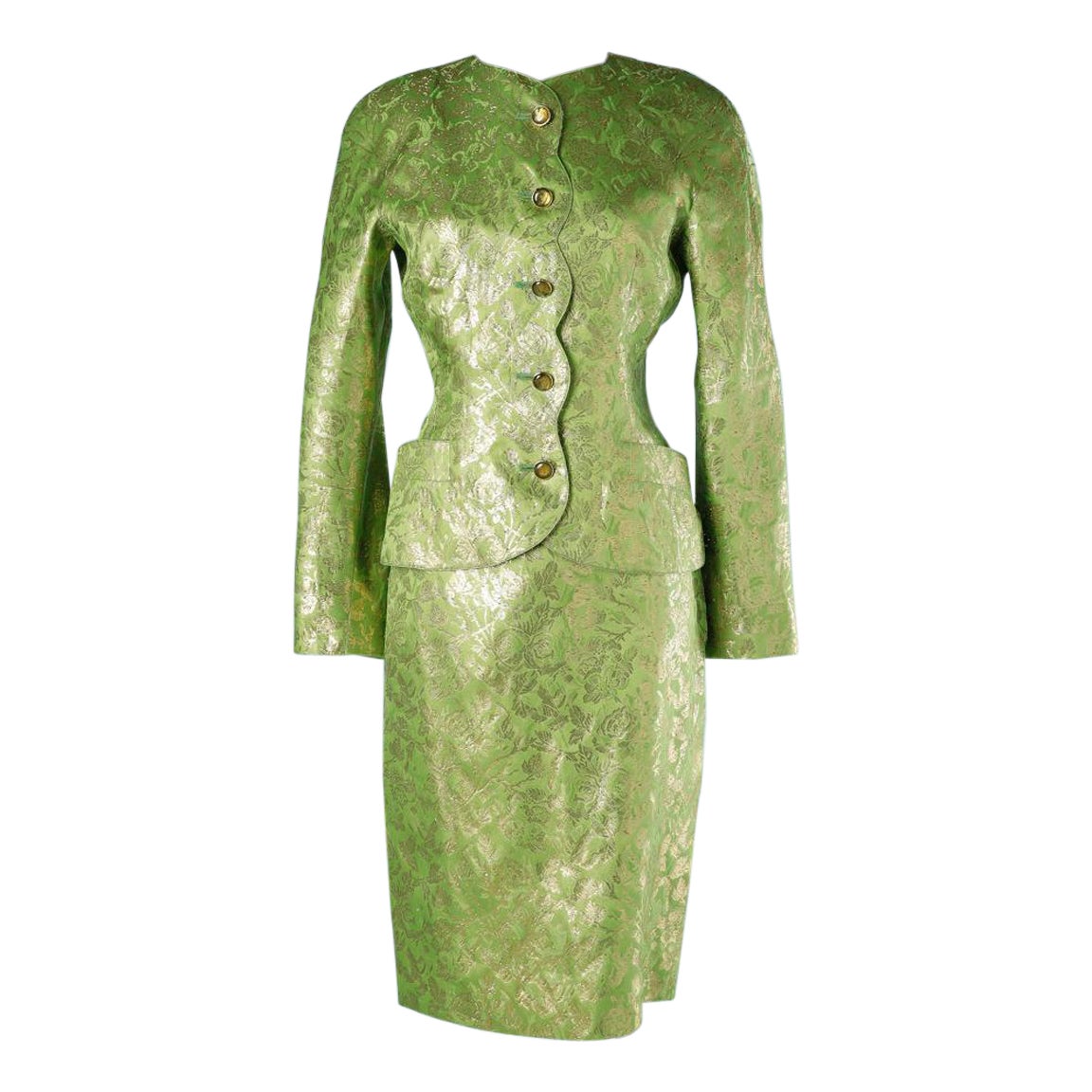 Green and gold cocktail skirt -suit in silk brocade Ungaro Parallèle  For Sale