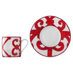 Hermes Red and White Balcon Du Guadalquivir Coffee Cup and Saucer Sets of 2