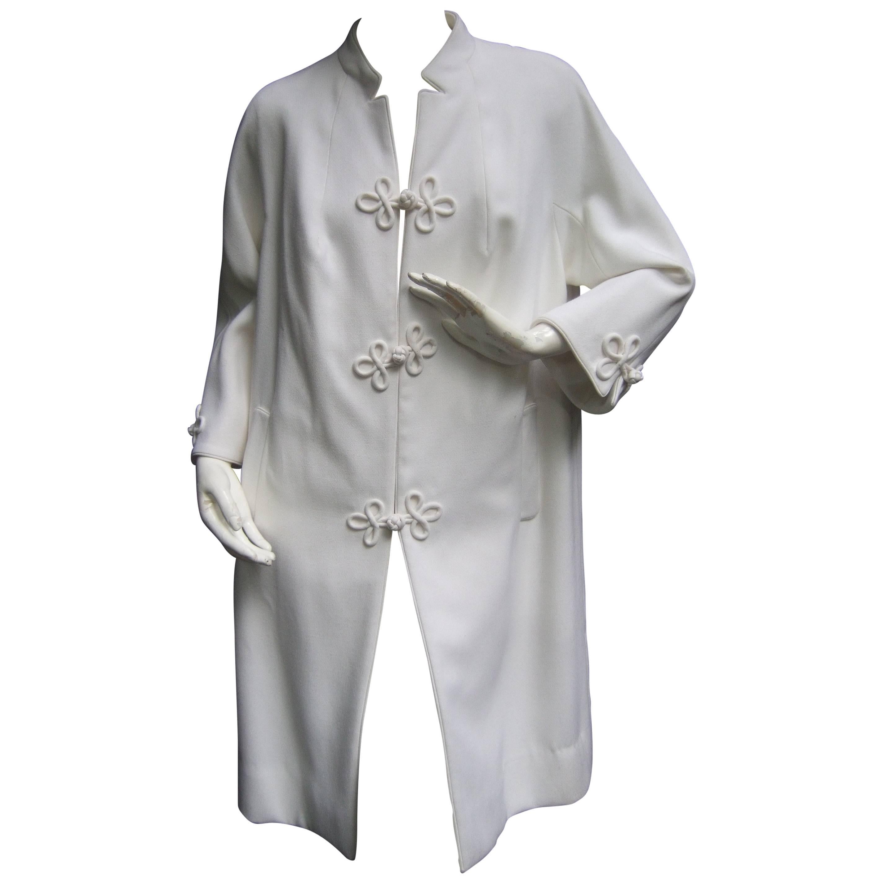 Crisp White Frog Button Coat from Hong Kong c 1970 For Sale