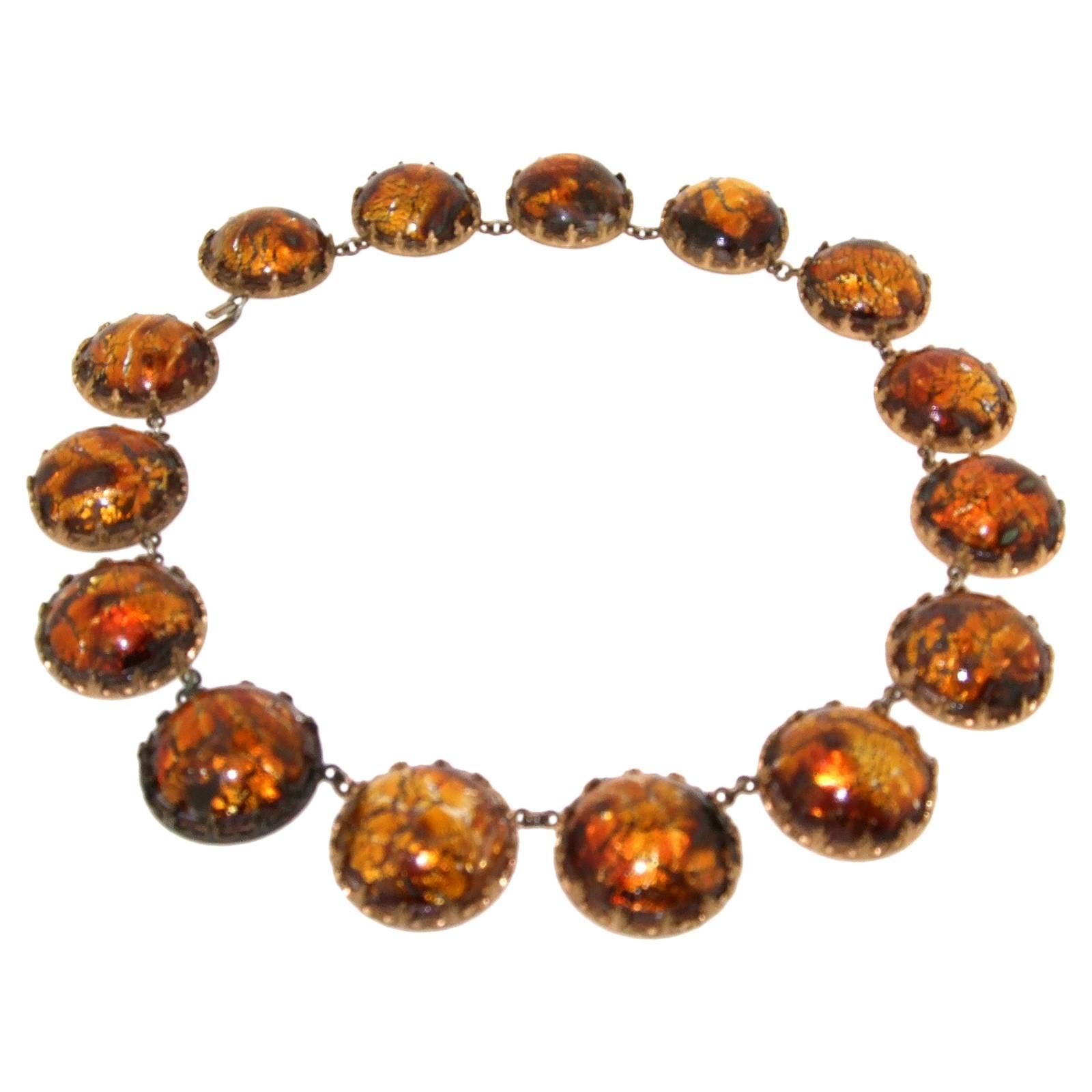 Vintage Amber Venetian Foil Glass Necklace For Sale