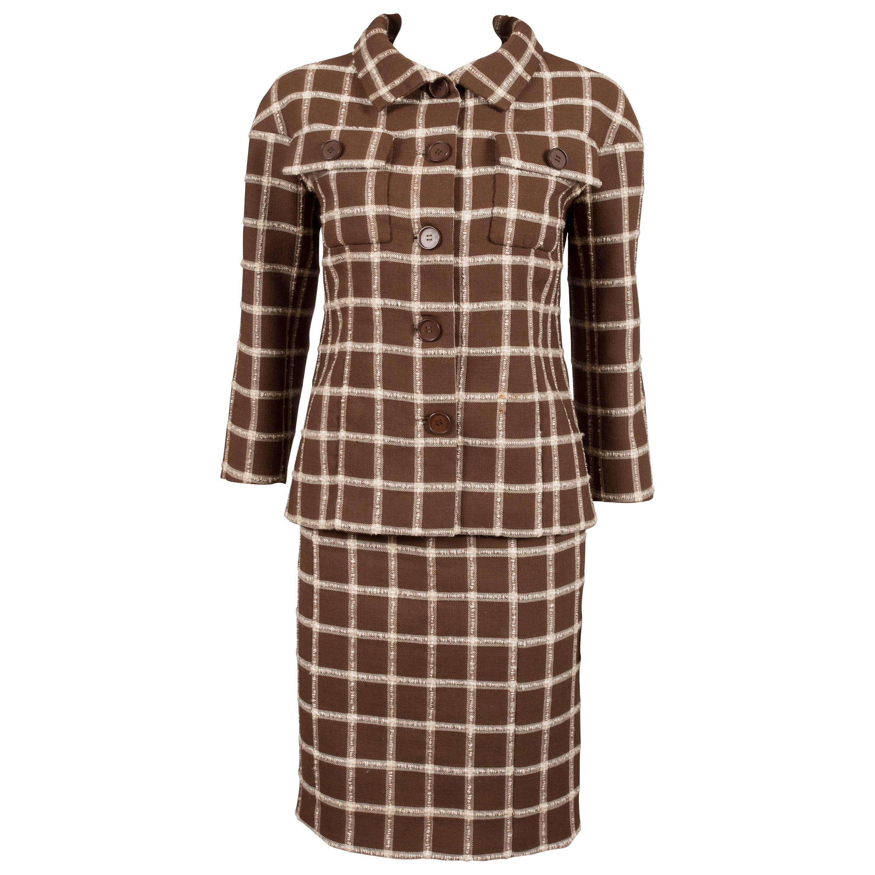 Balenciaga Eisa couture flecked brown and cream checked tweed suit, C. 1965