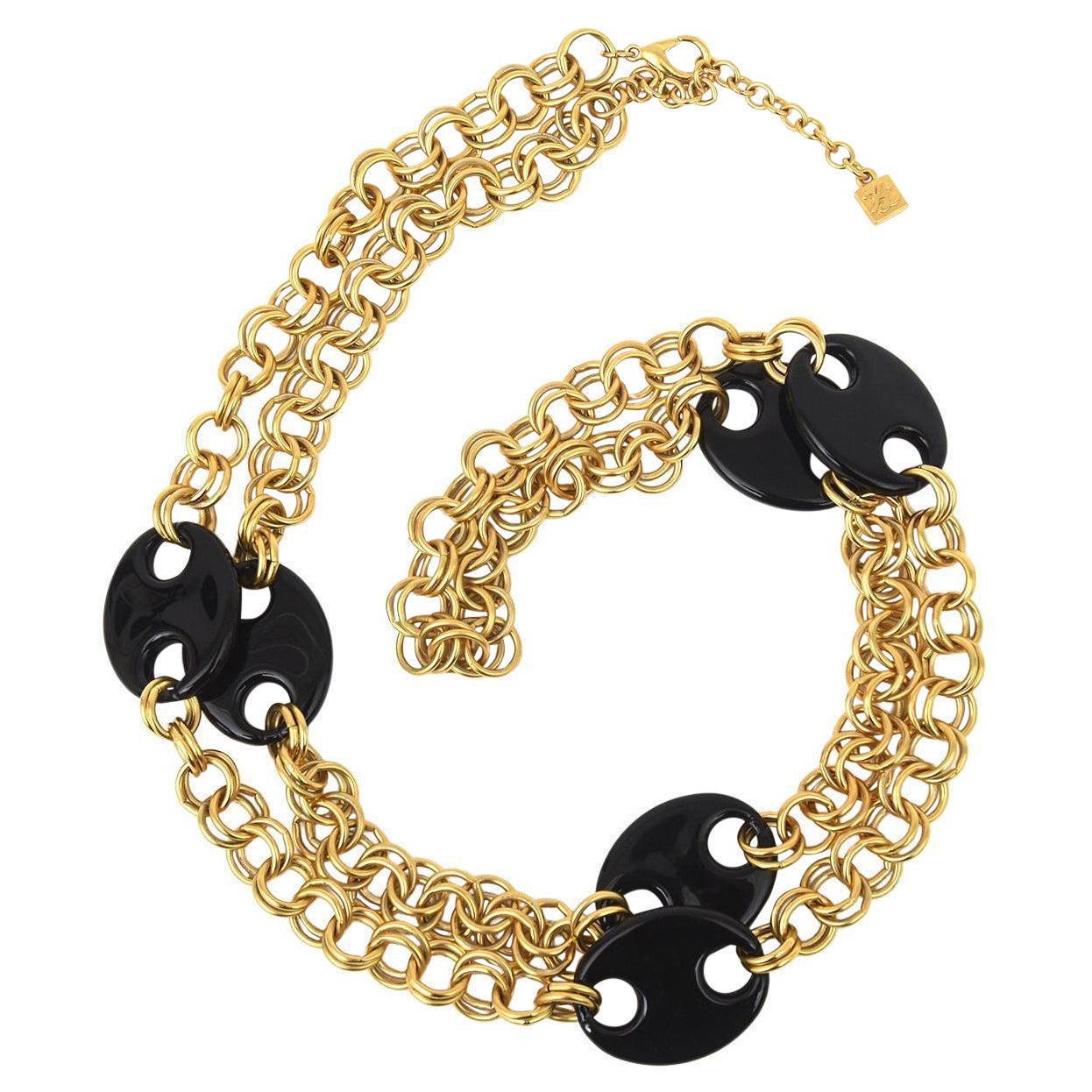 Karl Lagerfeld Vintage Brass Chain And Black Resin Disks Mariner Wrap Necklace For Sale