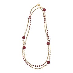 Chanel Long Sautoir Necklace with Red Gripoix Glass, Faux Pearls And Gold LInks