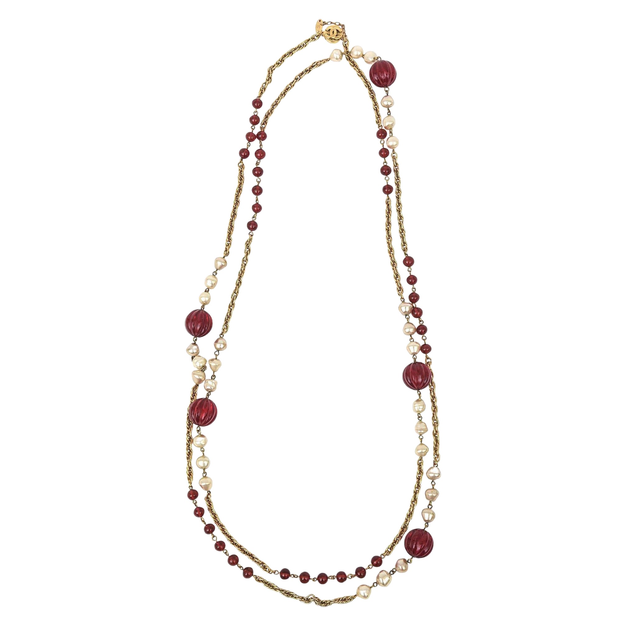 Chanel Long Sautoir Necklace with Red Gripoix Glass, Faux Pearls And Gold LInks
