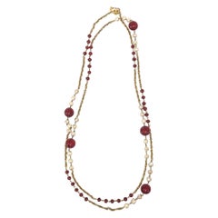 Chanel Long Sautoir Necklace with Red Gripoix Glass, Faux Pearls And Gold LInks