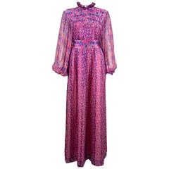 Thea Porter pink floral silk chiffon evening dress, C. 1970 12