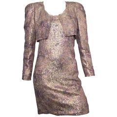 Used Carolina Herrera Metallic Evening Cocktail Dress & Jacket Size 6.