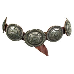 Ceinture Concho Navajo en cuir et argent sterling OLD PAWN Native American 