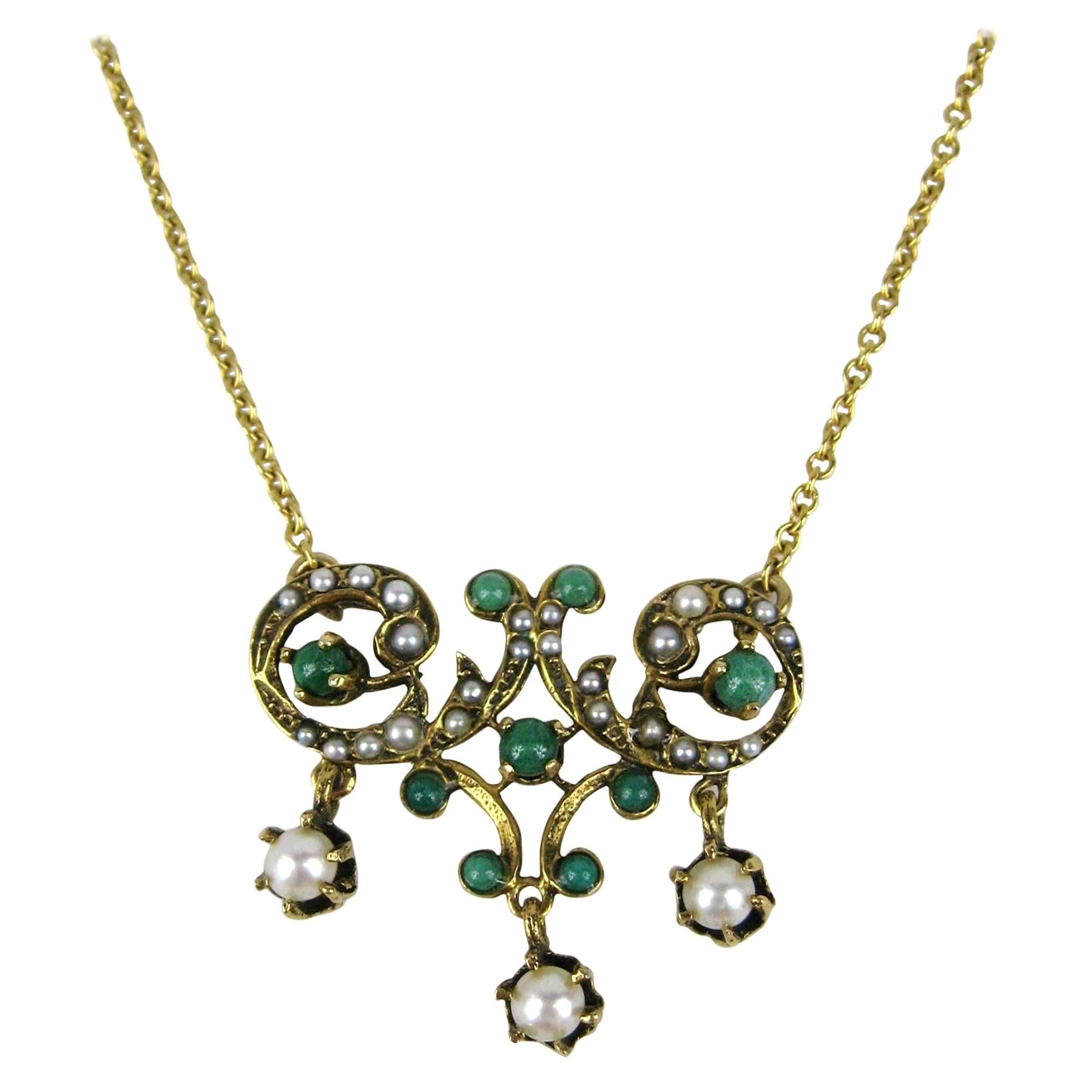 14K Gold Pearl Lavalier Necklace Art Nouveau Pendant For Sale