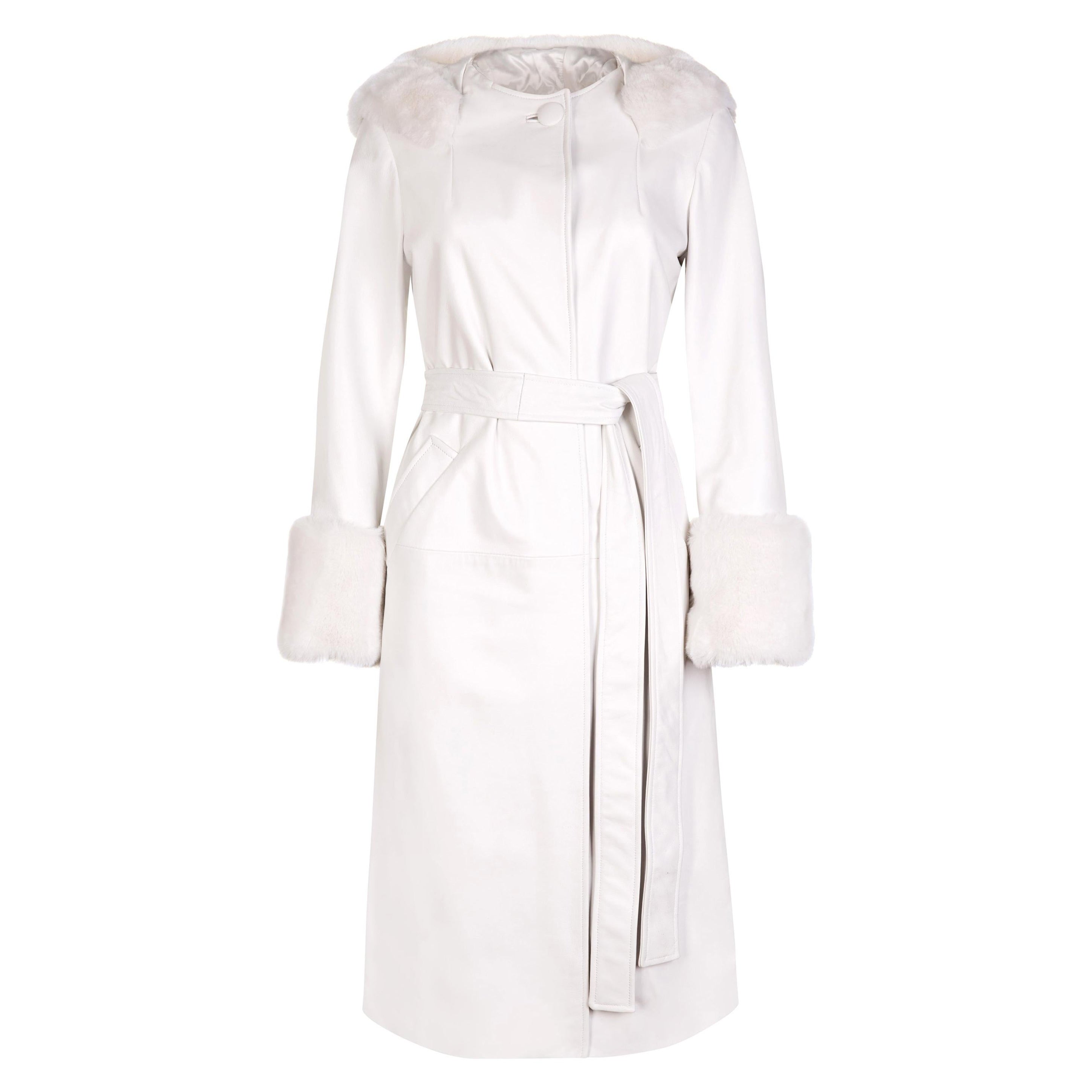 Verheyen Aurora Hooded Leather Trench Coat in White with Faux Fur - Size uk 8 For Sale