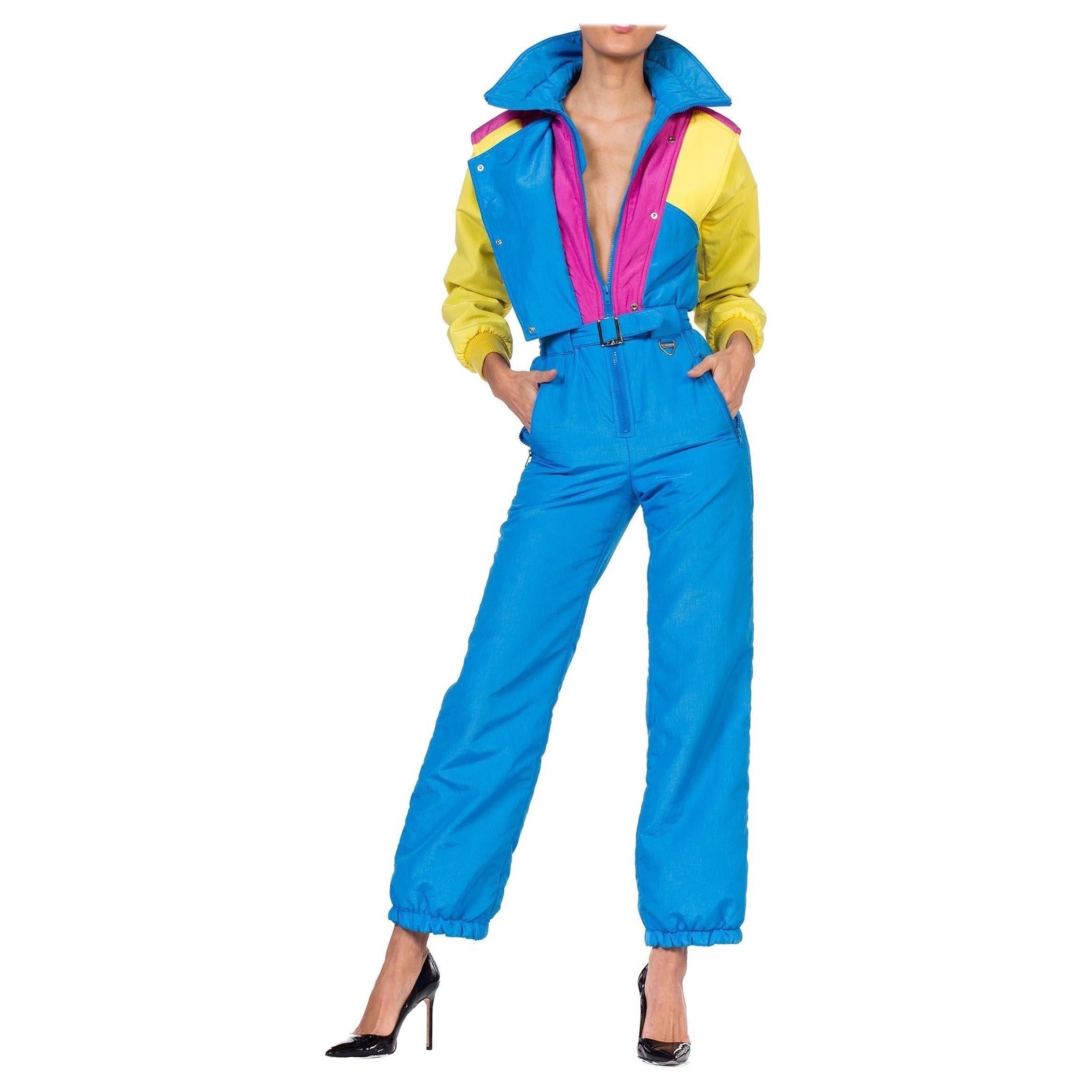 1980S Neon Hot Pink , Aqua & Yellow Nylon Puffer Ski Jumpsuit For Sale