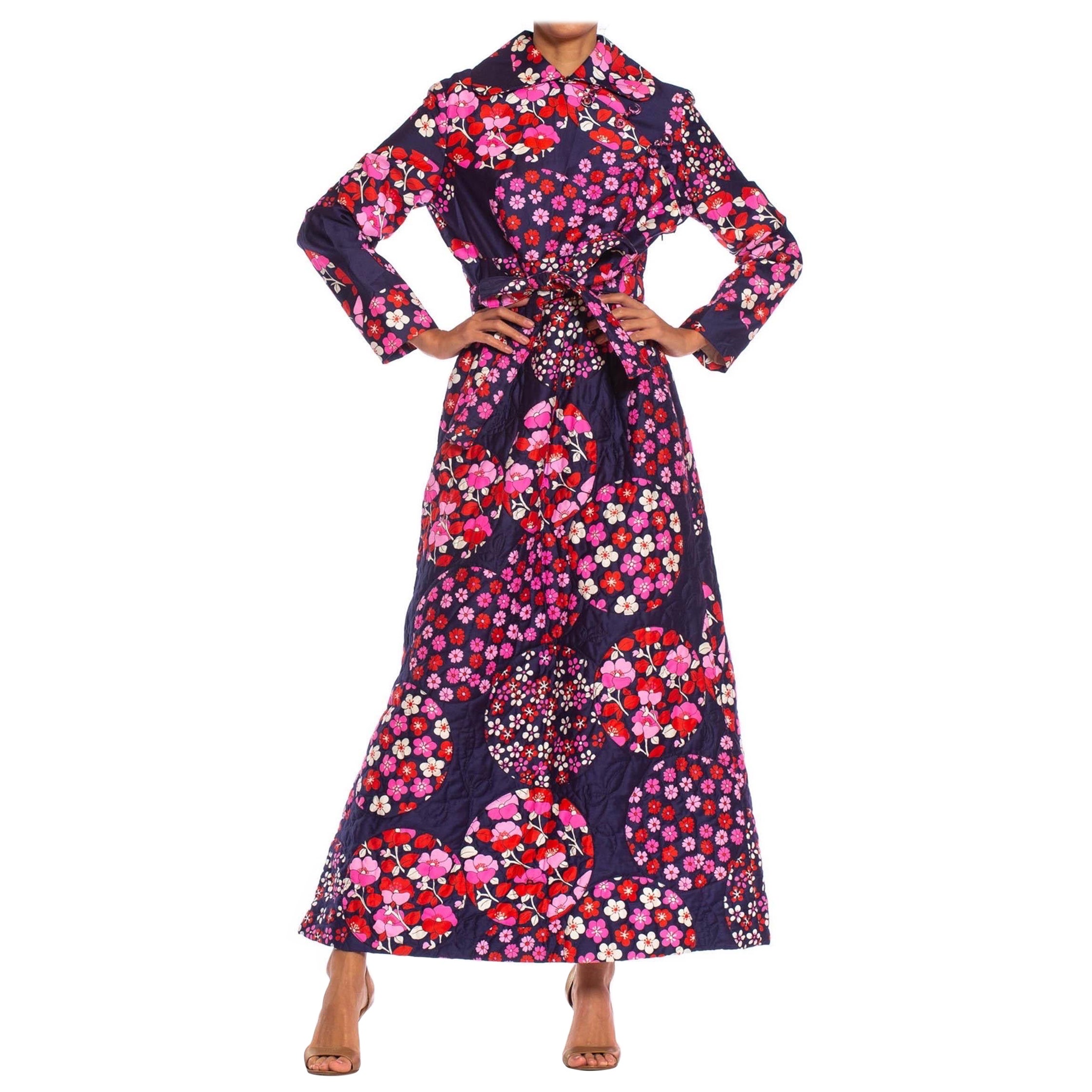 1970S Red & Pink On Navy Floral Cotton Sateen Long Sleeve Quilted House Dress For Sale