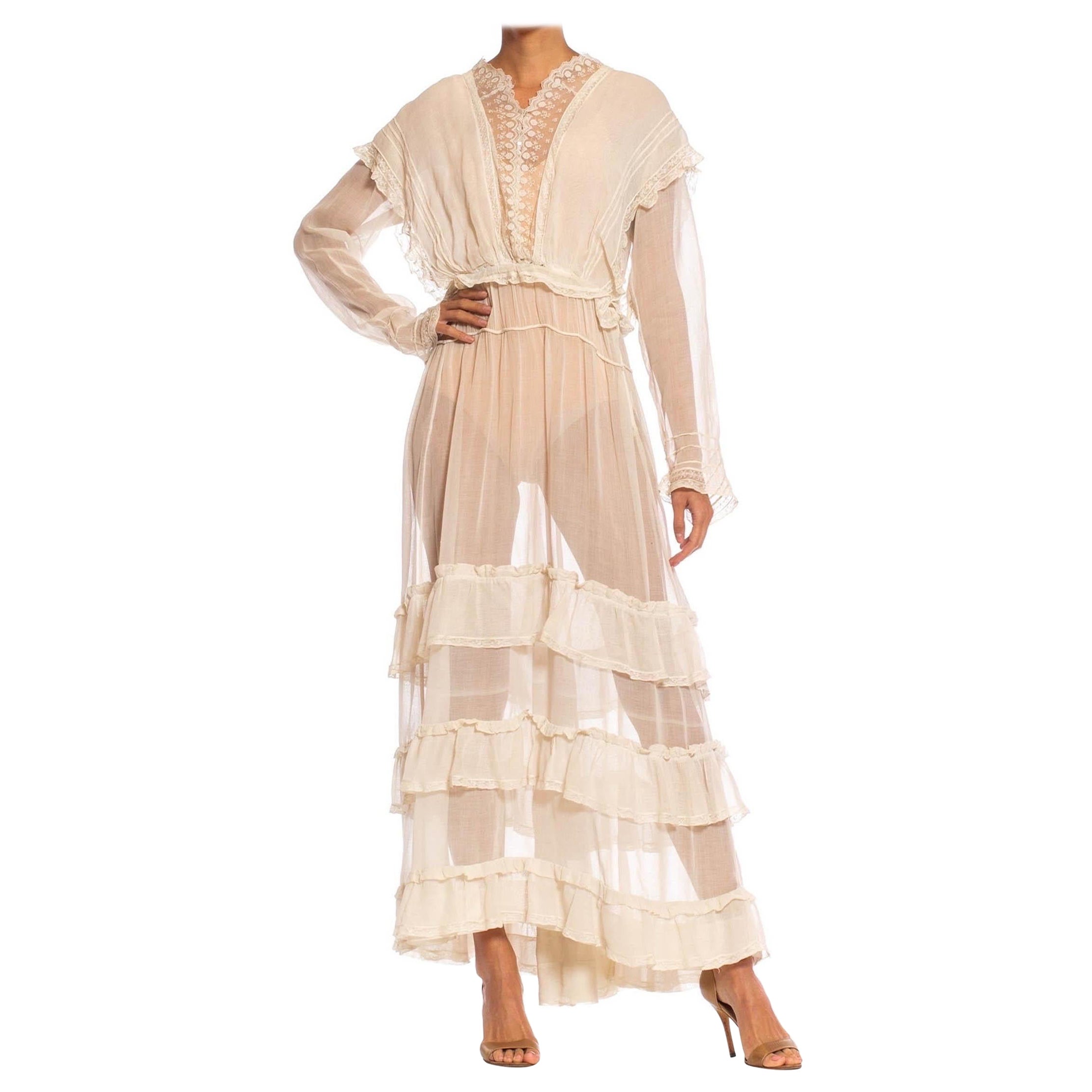 Edwardian Off White Organic Cotton Voile & Lace Long Sleeved Ruffled Tea Dress For Sale