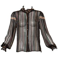 1970s Vintage Paper Thin Sheer Striped Silk Chiffon Button Up Blouse Top 7