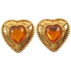 Yves Saint Laurent Paris clip on Earrings orange resin cabochon heart