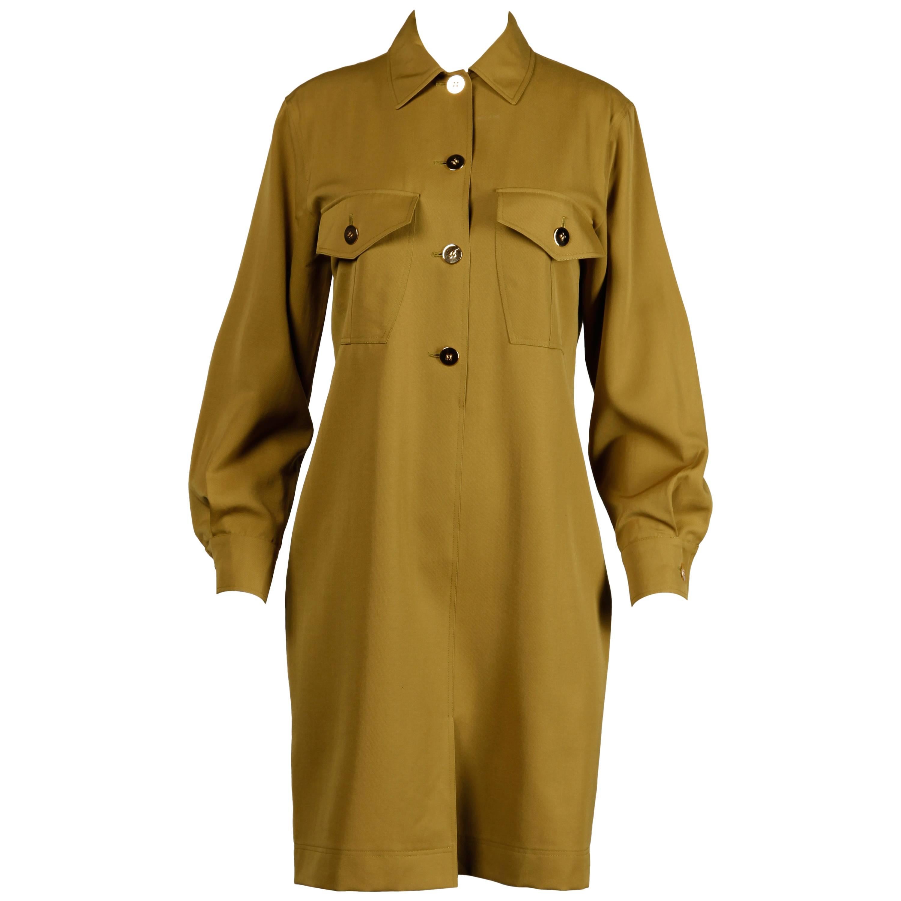 Genny by Versace Vintage Olive Green Wool Shirt Dress, 1990s 