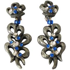 French Artisan Designer GHIS clip on Earrings Charcoal Resin Blue Rhinestone