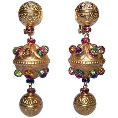 1980's Celestial Orb Bejeweled Dangle Clip-On Earrings
