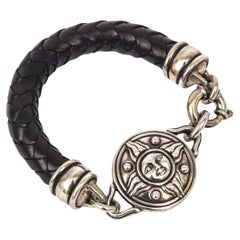 Barry Kielselstein Cord Signiertes Sterlingsilber, schwarzes Lederarmband mit Sonnenmotiv