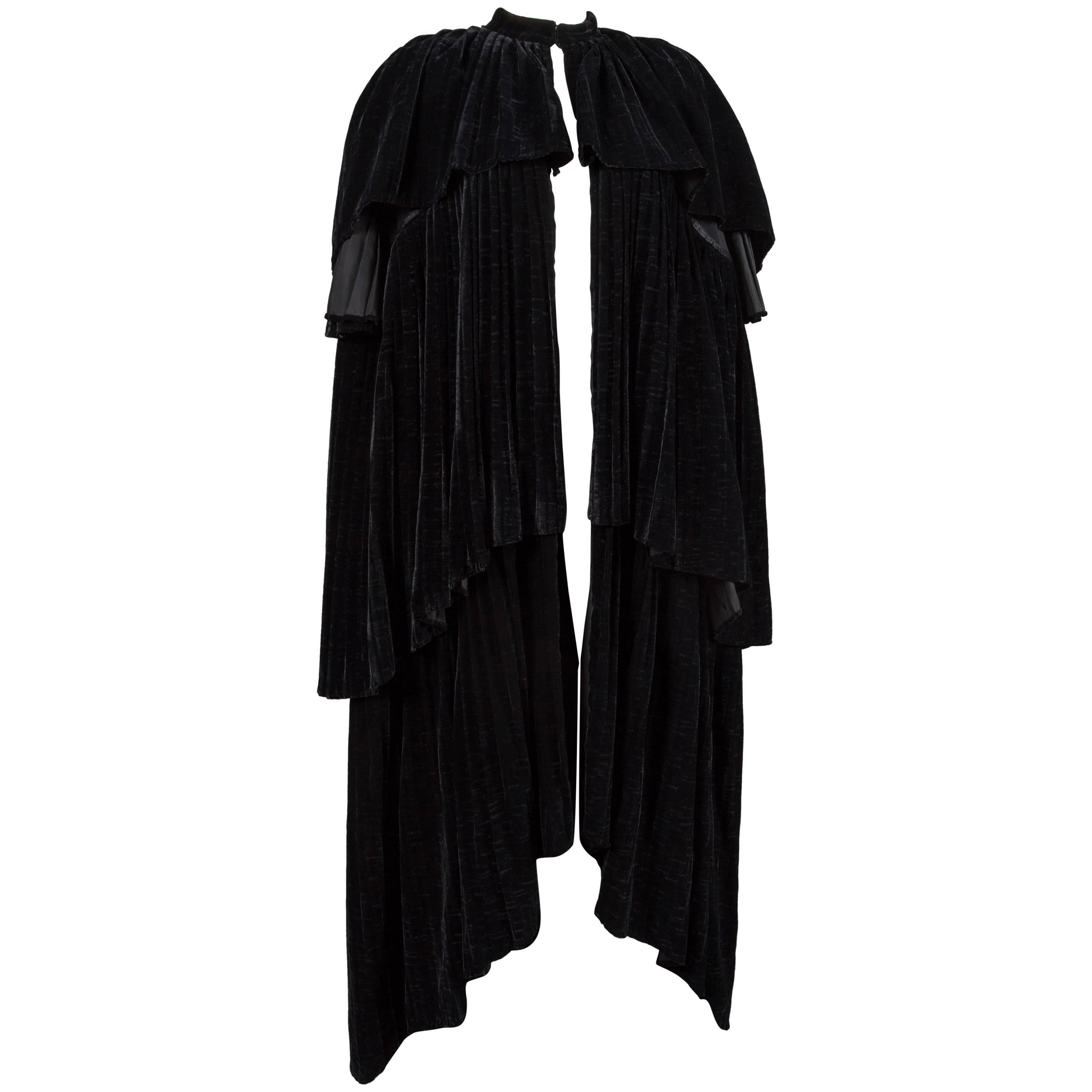 Thea Porter Pleated Black Silk-Velvet Tiered Evening Cape Coat, C. 1970
