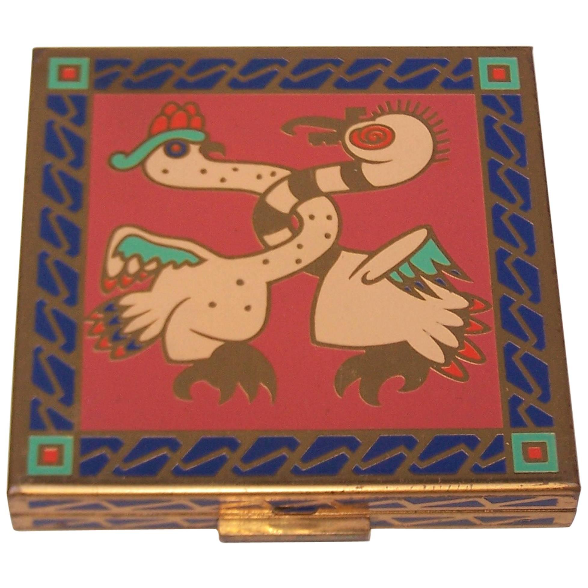 C.1950 Exotic Zell Mirrored Powder Compact With Enamel Decoration