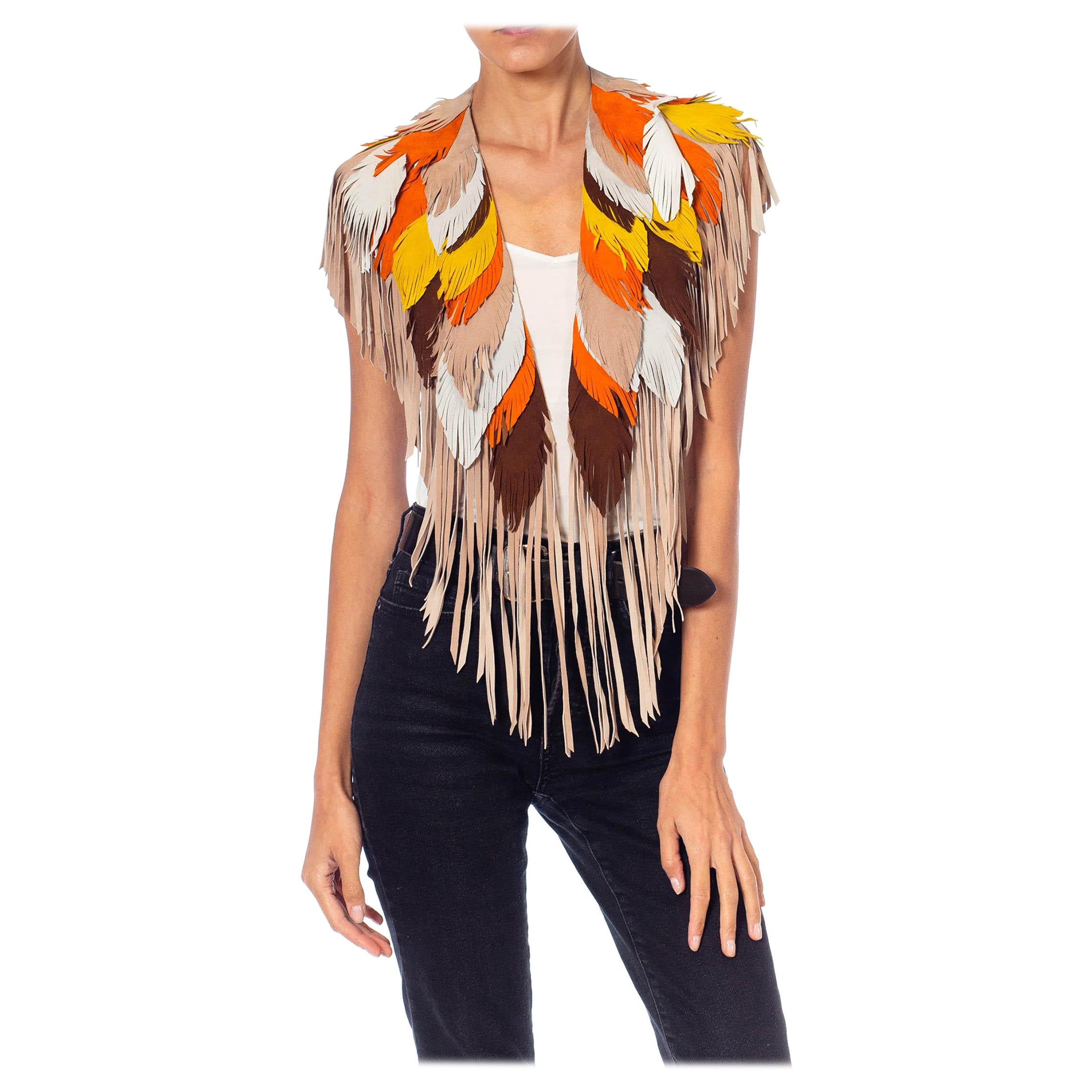MORPHEW COLLECTION Phoenix Sunset Suede Fringe Feather Leather Cape For Sale