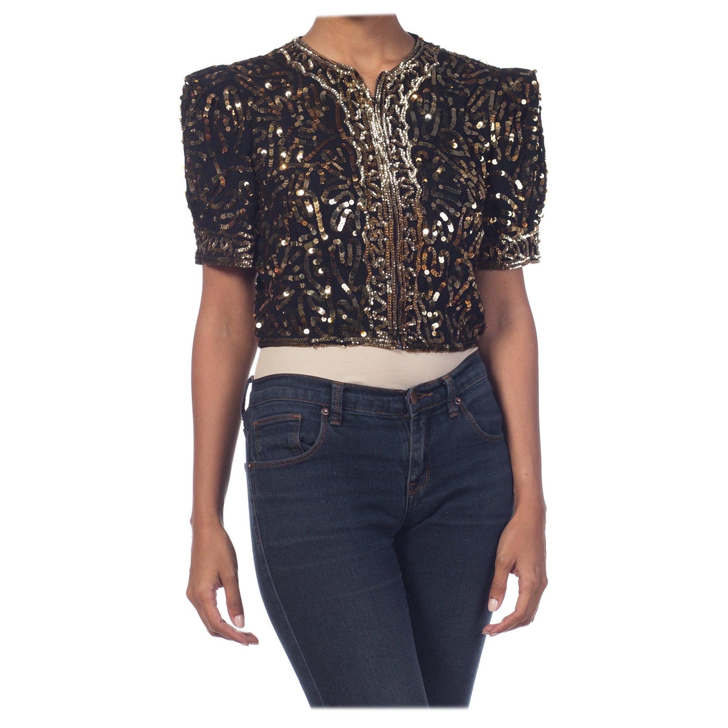 1930S Rayon Crepe Gold Sequined Short Sleeve Zipper Front Dinner Jacket For Sale