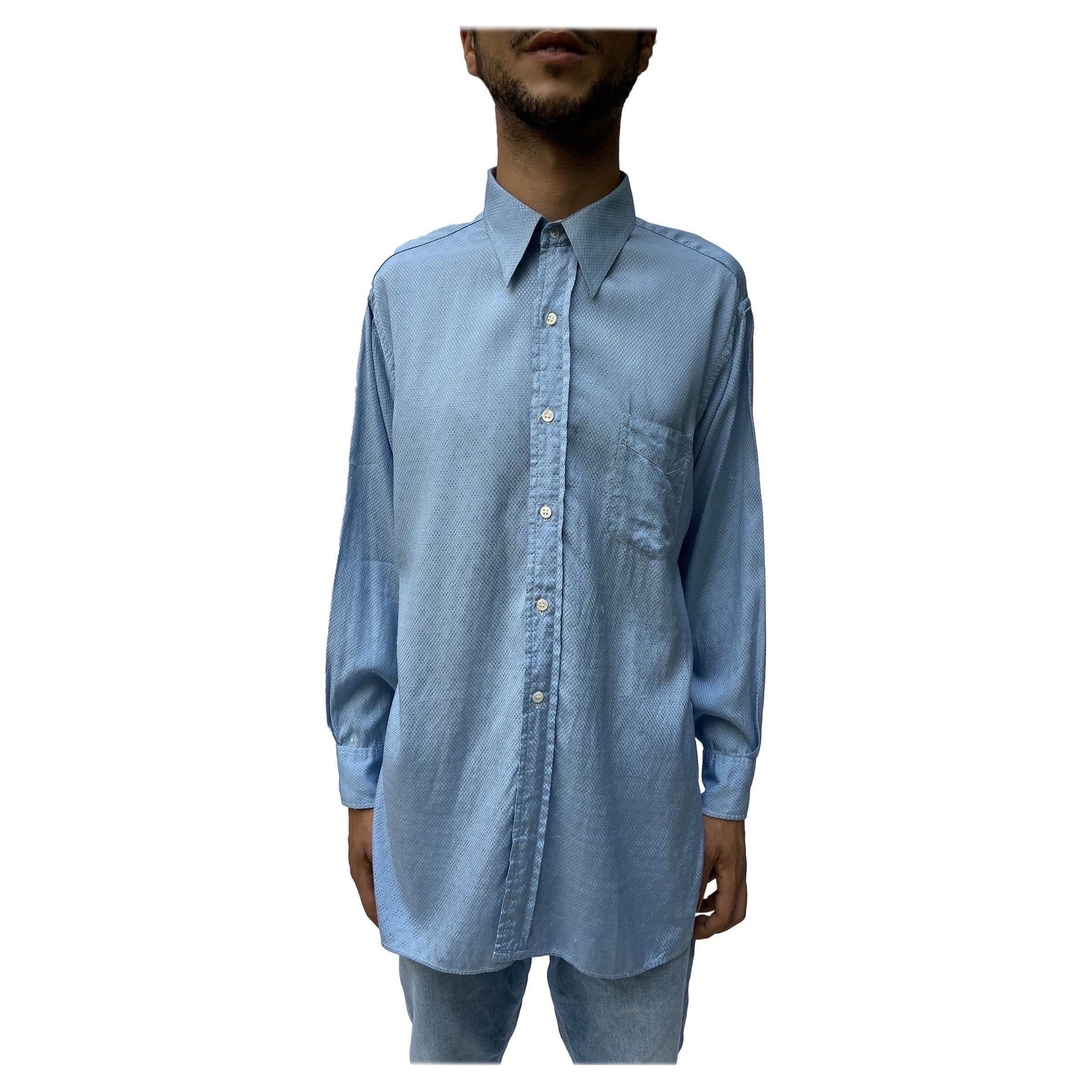 1940S Light Blue Rayon Blend Long Sleeve Shiny Men's Shirt For Sale
