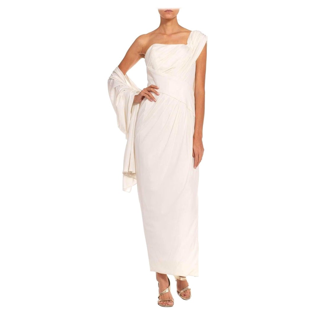 1980S White Polyester Blend Grecian Inspired Style Draped Gown With Boning For Sale