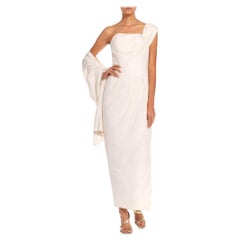 1980S Weiß Polyestermischung griechisch inspiriert Stil drapiert Kleid mit Boning