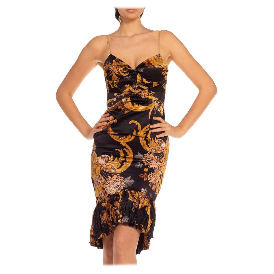 2000S ROBERTO CAVALLI Black & Gold Silk Blend Baroque Printed Cocktail Dress Wi For Sale