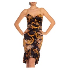 2000S ROBERTO CAVALLI Black & Gold Silk Blend Baroque Printed Cocktail Dress Wi