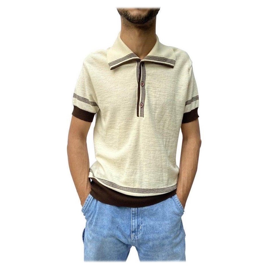1970S BALMAIN White & Brown Cotton Knit Mens Nautical Polo Shirt For Sale
