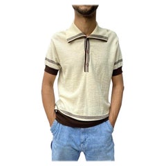 Vintage 1970S BALMAIN White & Brown Cotton Knit Mens Nautical Polo Shirt