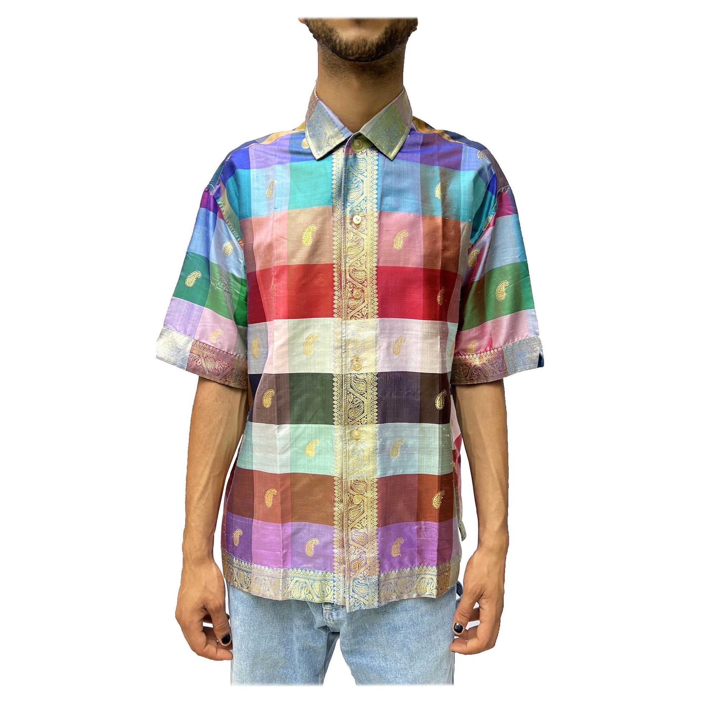 1950S PICASSO Multicolor Gold Lamé Men's Shirt Made From Sari Silk For Sale