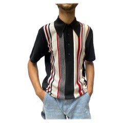 Retro 1960S Black & Grey Striped Poly Blend Knit Men's Rat Pack Polo Shirt