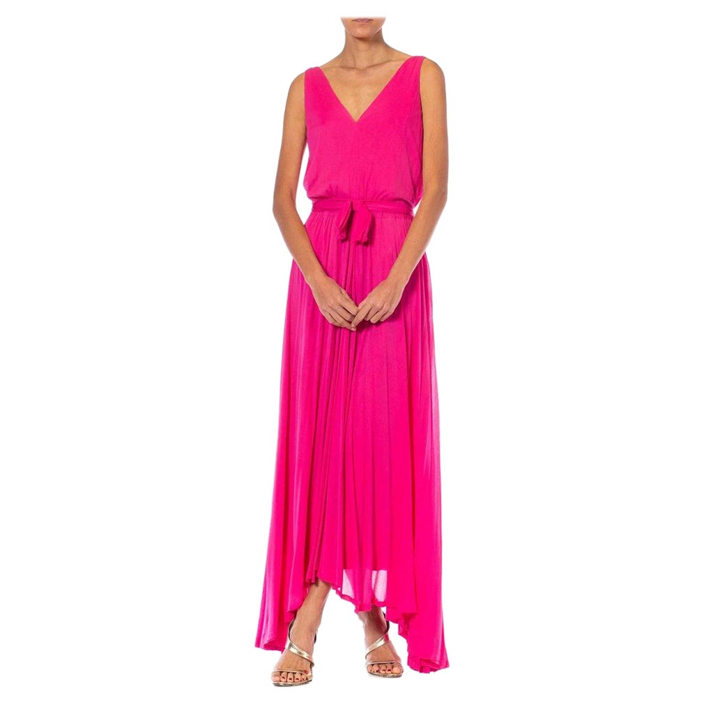 1970S MARIE-MARTINE Hot Pink Silk Jersey French Made Demi-Couture Disco Gown Wi For Sale