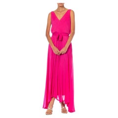 Retro 1970S MARIE-MARTINE Hot Pink Silk Jersey French Made Demi-Couture Disco Gown Wi