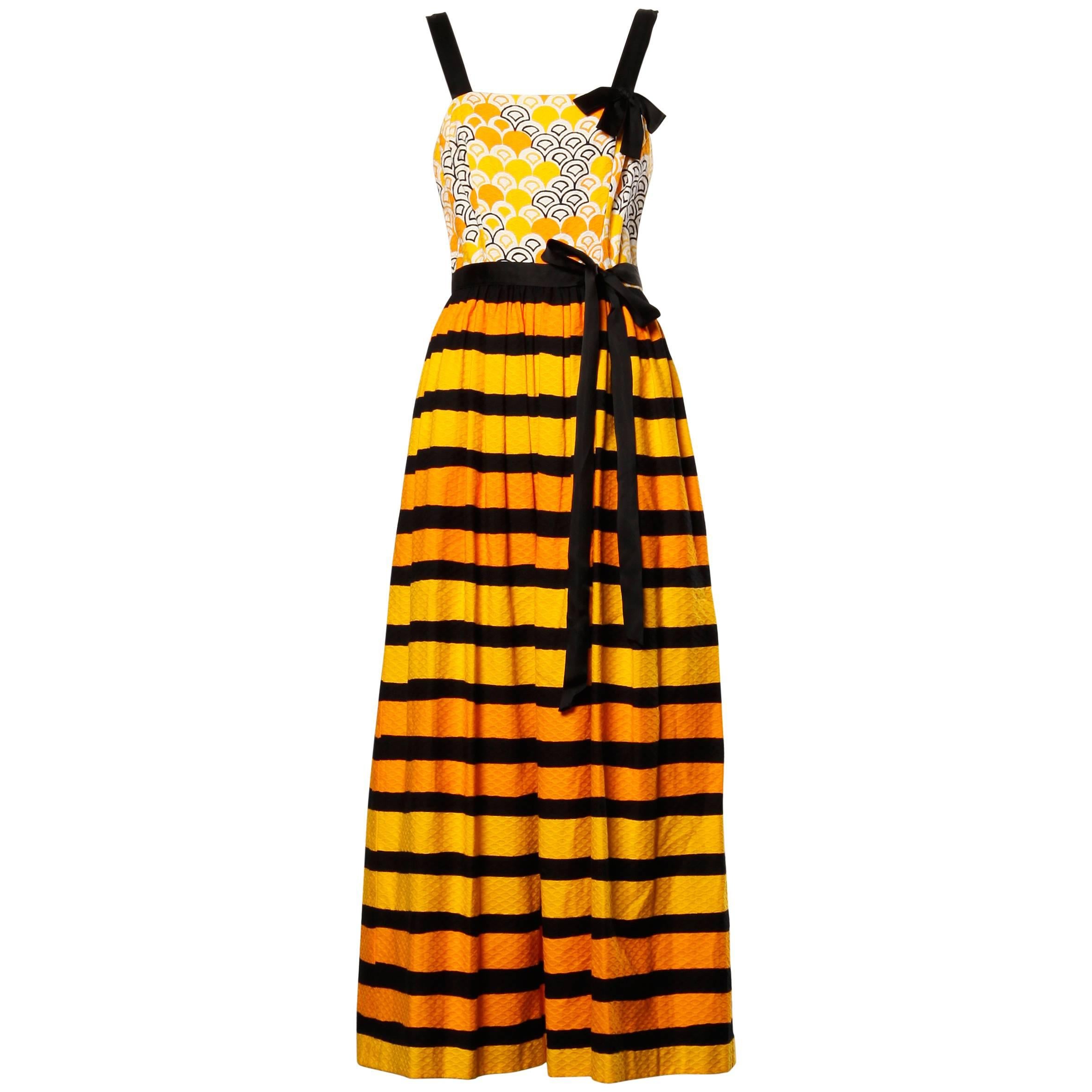 1970s Larry Aldrich Vintage Yellow Orange + Black Striped Print Maxi Dress 
