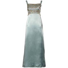 Paul Jonas Vintage 1960er blauer Strass + Perlen verziertes Seidenkleid