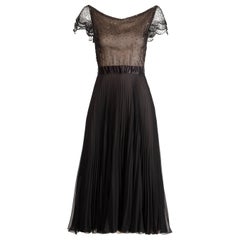 Oscar de la Renta Vintage Black Silk Beaded Dress with Pleated Skirt