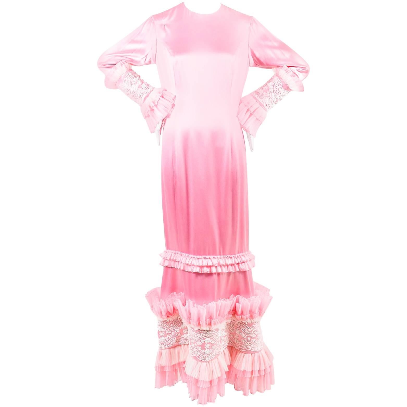Zang Toi Pink Silk Satin Beaded Ruffle Long Sleeve Maxi Dress Gown SZ 12 For Sale