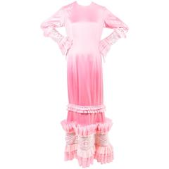 Zang Toi Pink Silk Satin Beaded Ruffle Long Sleeve Maxi Dress Gown SZ 12