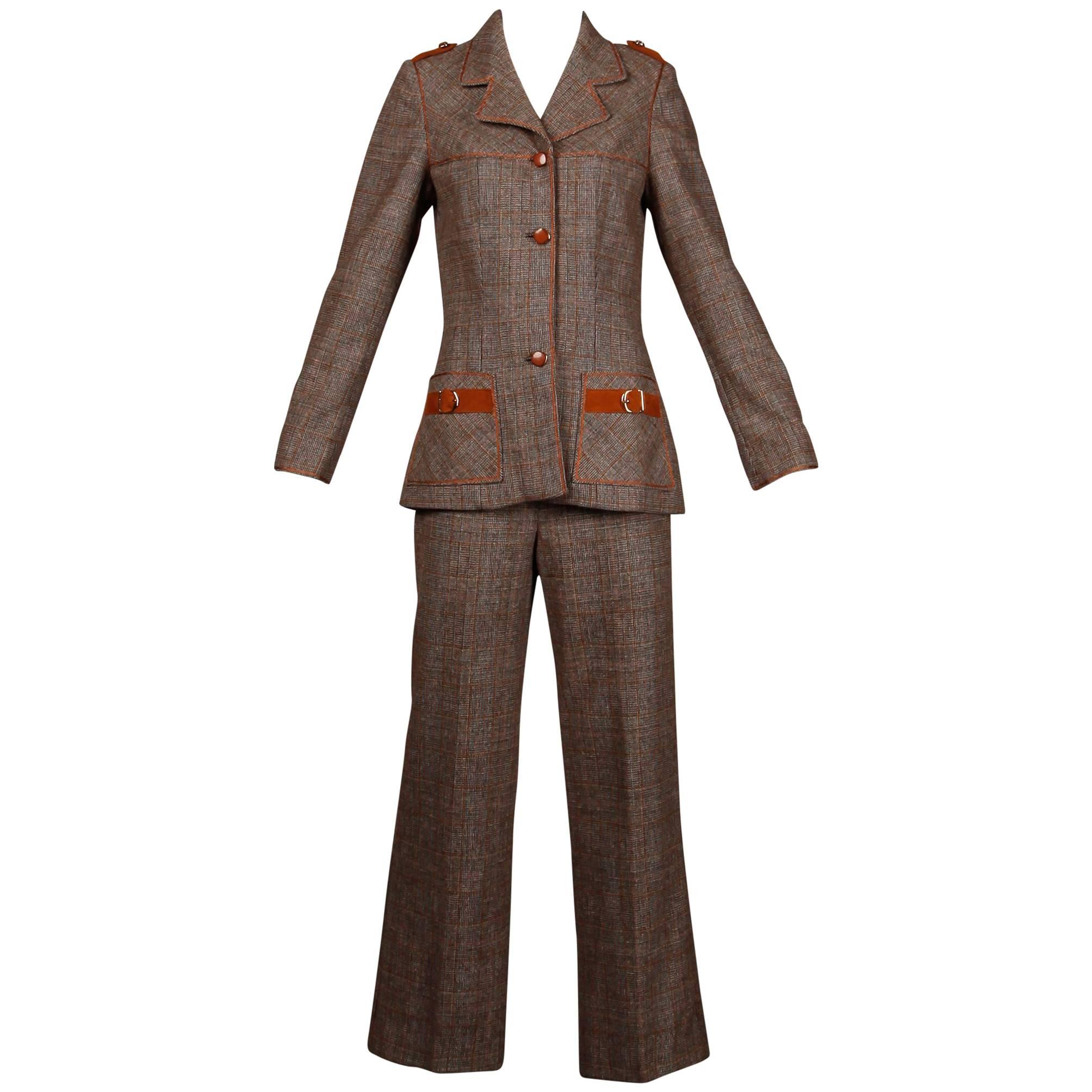 1970s Lilli Ann Vintage Wool Tweed + Suede Leather Pants + Jacket Suit Ensemble