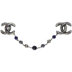 Chanel Gunmetal and Blue Double CC Chain Brooch
