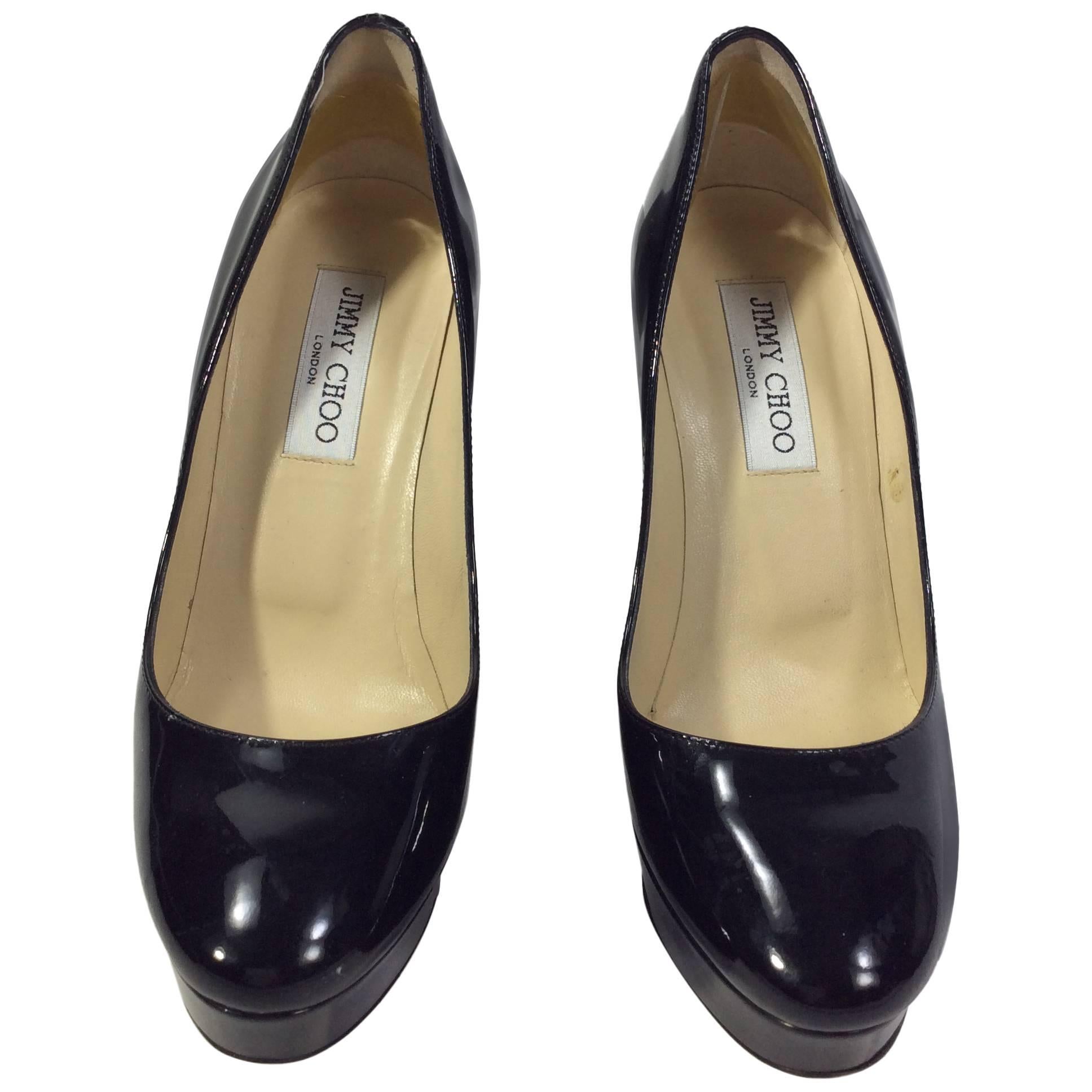 Jimmy Choo Black Patent Pump with Rounded Toe For Sale