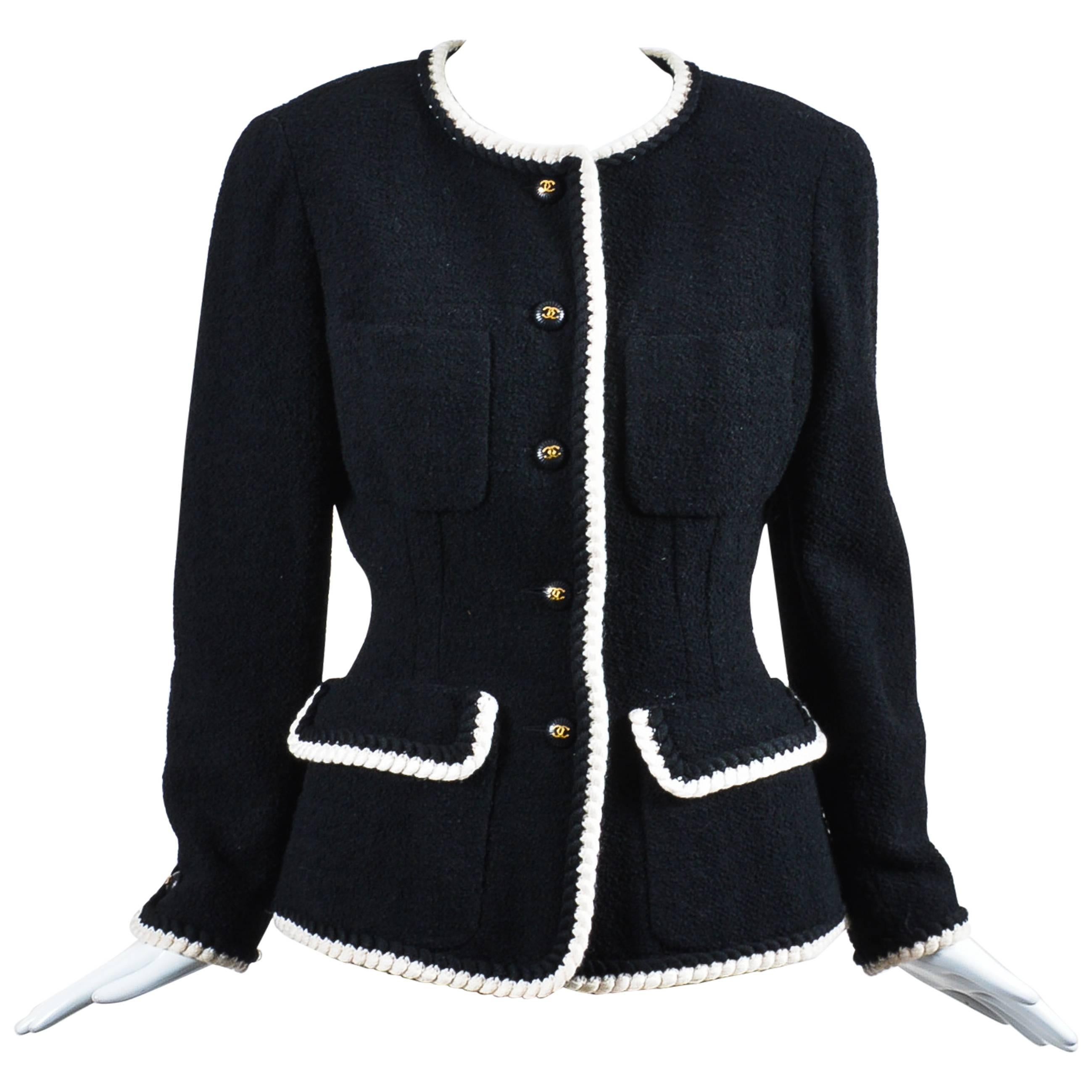 Chanel 93P Black Cream Wool Trim "CC" Button Boucle LS Jacket *SZ 44*  For Sale